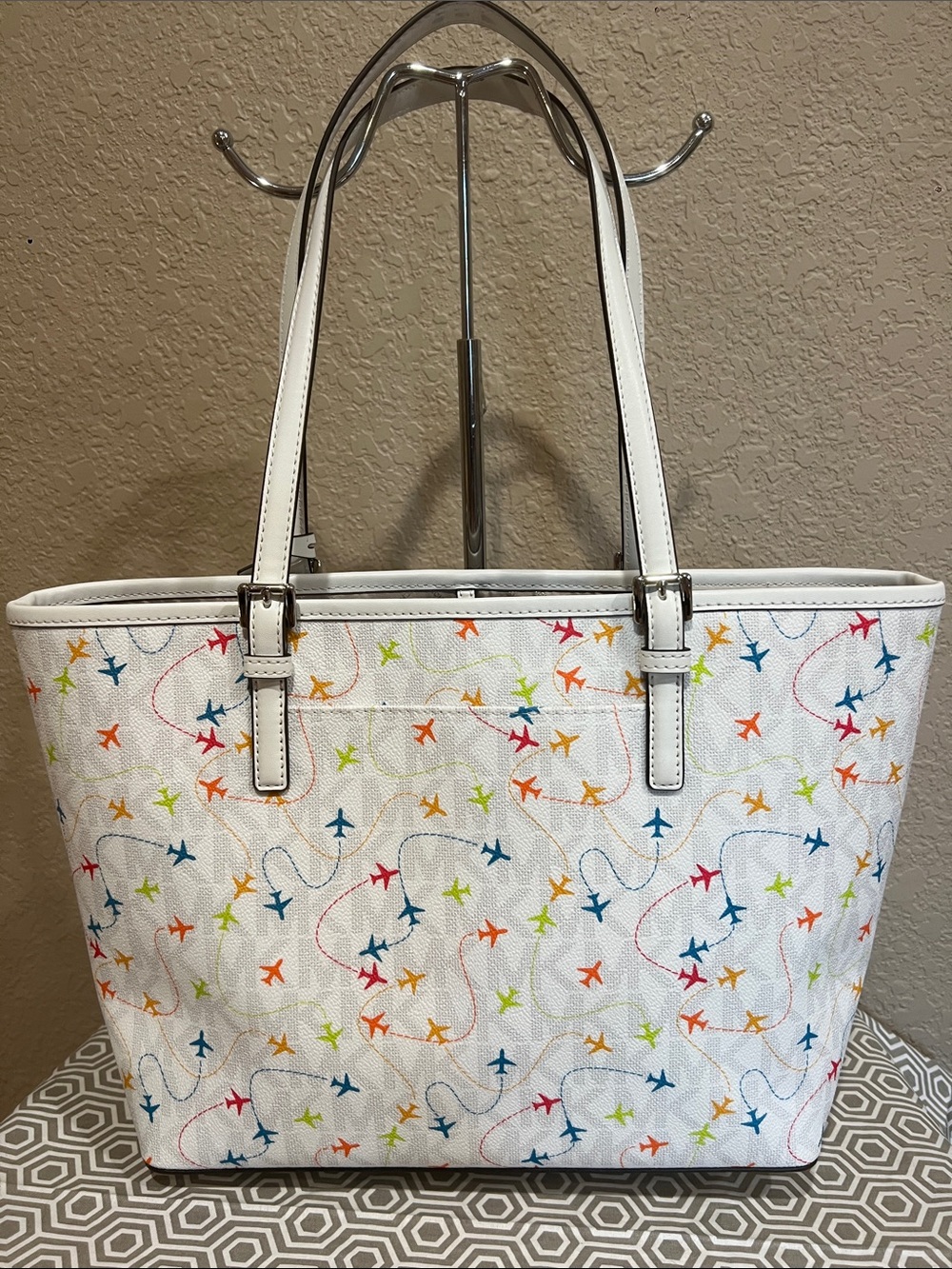 Michael Kors White Multicolor Airplane-Print Tote - Picture 3 of 6